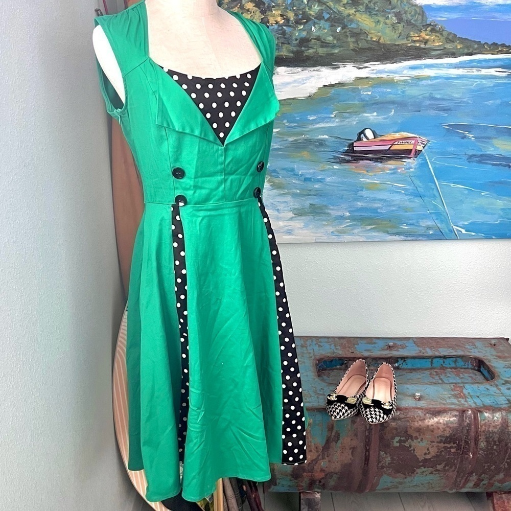 Killreal, Fantastic Emerald Polka-Dot Fit & Flare Cotton Dress EUC Size M - Picture 15 of 15